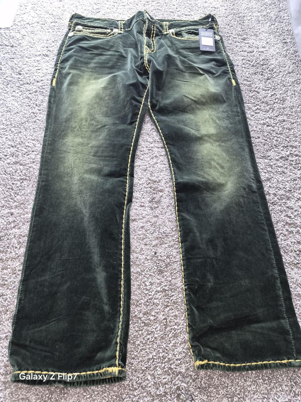 True Religion Men's Dark Green Washed Bootcut Jeans with Yellow Stitching